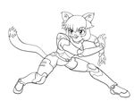  action_pose anthro armor black_and_white body_armor cat clawdia clothed clothing digital_media_(artwork) dipstick_tail ear_tuft feline female fighting_foodons front_view hair inner_ear_fluff mammal monochrome multicolored_tail professormegaman short_hair smile solo tuft wide_stance 