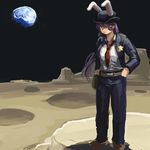  alternate_costume animal_ears belt blue_jacket blue_pants bunny_ears chanta_(ayatakaoisii) collared_shirt crater earth extra_ears hands_on_hips hat highres holster jacket long_sleeves looking_down loose_necktie moon necktie pants purple_hair red_eyes red_neckwear reisen_udongein_inaba sheriff sheriff_badge shirt solo space standing touhou white_shirt wind 
