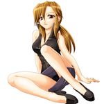  1girl bare_arms bare_shoulders black_high_heels breasts brown_hair cleavage elite_four high_heels kanna_(pokemon) large_breasts long_hair miniskirt pokeball pokemon pokemon_(game) pokemon_frlg ponytail red_eyes sitting skirt sleeveless 