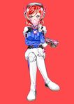  absurdres blush bodysuit bubble_blowing chewing_gum cosplay crossed_legs d.va_(overwatch) d.va_(overwatch)_(cosplay) facial_mark gloves gun handgun headgear headphones highres jindai3663 love_live! love_live!_school_idol_project nishikino_maki overwatch pistol playing_with_own_hair purple_eyes red_background red_hair short_hair simple_background sitting solo weapon whisker_markings 