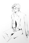  closed_eyes earrings gakuran greyscale hands_together highres jacket_on_shoulders jewelry jojo_no_kimyou_na_bouken kakyouin_noriaki kenny_(poe90) male_focus monochrome school_uniform solo 