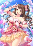  bare_shoulders brown_eyes brown_hair bubble diffraction_spikes gloves hair_ornament idolmaster idolmaster_cinderella_girls idolmaster_cinderella_girls_starlight_stage long_hair looking_at_viewer microphone one_side_up open_mouth shimamura_uzuki smile solo v villyane white_gloves 