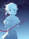  bad_id bad_twitter_id blue bow gradient gradient_background hands_together highres keitomato kimi_no_na_wa looking_to_the_side miyamizu_mitsuha monochrome night night_sky red_ribbon ribbon school_uniform short_hair sky solo spot_color star_(sky) 