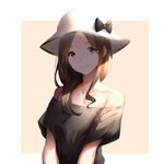  bare_shoulders black_bow border bow breasts brown_eyes brown_hair closed_mouth collarbone eyelashes hat hat_bow kimi_no_na_wa long_hair looking_at_viewer off-shoulder_shirt okudera_miki outside_border shade shirt short_sleeves small_breasts smile sola_(solo0730) solo upper_body white_border white_hat 