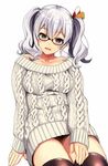  aran_sweater bespectacled black_legwear blue_eyes blush collarbone glasses hair_ornament kantai_collection kashima_(kantai_collection) kyougoku_shin long_hair looking_at_viewer open_mouth silver_hair simple_background smile solo sweater thighhighs twintails wavy_hair white_background 