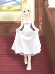  1girl blonde_hair blue_eyes dress dress_lift elbow_gloves gloves long_dress looking_at_viewer shoes solo stairs walking white_dress white_gloves white_shoes 