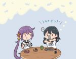  2girls ahoge akebono_(kantai_collection) bell black_hair bowl chopsticks comic commentary_request cup eating fish flower fork hair_bell hair_between_eyes hair_flower hair_ornament holding holding_chopsticks holding_fork kantai_collection long_hair multiple_girls otoufu purple_hair rice_bowl short_sleeves side_ponytail sitting table translation_request ushio_(kantai_collection) yunomi 