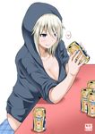  :d alcohol beer beer_can blonde_hair brand_name_imitation breasts can cleavage collarbone commentary_request cushion drinking elbows_on_table grey_eyes hair_between_eyes heart highres hood hood_up hoodie large_breasts looking_at_viewer no_pants open_clothes open_hoodie open_mouth original panties sabo_rina sitting sketch sleeves_rolled_up smile solo spoken_heart tongue tongue_out underwear white_background yano_toshinori 
