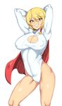  arms_up blue_eyes breasts cape cleavage cleavage_cutout covered_nipples dc_comics grin highres large_breasts looking_at_viewer power_girl short_hair simple_background smile solo thighs urec white_background 