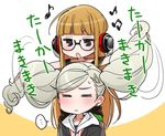  =_= bangs blonde_hair blunt_bangs blush brown_hair closed_eyes earrings glasses grey_hair hair_ornament hairclip headphones hizuki_akira jewelry long_hair multiple_girls open_mouth persona persona_5 playing_with_another's_hair sakura_futaba takamaki_anne translated twintails 