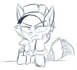  2016 3_fingers anthro big_eyes big_head big_tail black_and_white cheek_tuft clothing cute digital_drawing_(artwork) digital_media_(artwork) fluffy fluffy_tail front_view frown fur gloves half-closed_eyes hat jacket league_of_legends line_art long_tail mammal monochrome riot_games signature simple_background sitting sketch slit_pupils solo sweat teemo toony tuft unamused veigar-chan video_games white_background yordle 
