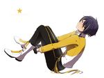  black_gloves blush boots character_name ensemble_stars! fingerless_gloves full_body gloves jacket legs_up liusang looking_at_viewer male_focus purple_hair sengoku_shinobu simple_background sitting solo star white_background yellow_eyes 