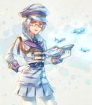  aircraft avalugg belt book cuffs earrings gen_6_pokemon glasses gloves hand_on_hip hat jewelry light_brown_eyes looking_at_viewer moe_(hamhamham) open_book pants parted_lips personification pokemon skirt solo standing white_background white_gloves white_hair white_pants white_skirt 