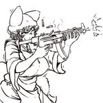  aiming breasts chanta_(ayatakaoisii) covered_nipples firing focused fox_tail from_side greyscale gun h&amp;k_mp5 hat heckler_&amp;_koch hips holding holding_gun holding_weapon large_breasts long_sleeves monochrome multiple_tails one_eye_closed pillow_hat plump serious shell_casing short_hair solo submachine_gun sweatdrop tabard tail touhou weapon wide_sleeves yakumo_ran 