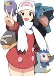  accio alternate_costume beanie black_eyes black_hair coat commentary_request drifloon fang gen_4_pokemon gible hair_ornament hat hikari_(pokemon) open_mouth piplup pokemon pokemon_(creature) pokemon_(game) pokemon_dppt pokemon_platinum scarf sharp_teeth shieldon teeth v winter_clothes 