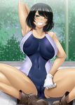  aqua_eyes arm_behind_head ass ayato black_hair blush boots breasts cameltoe competition_swimsuit covered_navel covered_nipples dark_skin girls_und_panzer gloves grin highres hoshino_(girls_und_panzer) large_breasts looking_at_viewer one-piece_swimsuit one_eye_closed sitting smile solo swimsuit teeth white_gloves 
