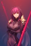  blurry bodysuit breasts circlet closed_mouth depth_of_field expressionless fate/grand_order fate_(series) gae_bolg highres large_breasts long_hair looking_at_viewer mao_mao_wansui pauldrons polearm purple_bodysuit purple_hair red_eyes scathach_(fate)_(all) scathach_(fate/grand_order) solo spear veil weapon 