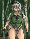  ascot bamboo bamboo_forest bob_cut chanta_(ayatakaoisii) collared_shirt cowboy_shot flat_chest focused forest fundoshi green_eyes green_vest grey_hair hairband highres japanese_clothes konpaku_youmu looking_to_the_side looking_up nature no_pants plump sheath sheathed shirt short_hair sleeves_rolled_up solo standing thighs touhou vest white_shirt wind 