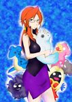  1girl bare_arms bare_shoulders breasts brown_eyes cloyster dewgong doll elite_four glasses hand_on_head kanna_(pokemon) lapras large_breasts long_hair miniskirt orange_hair plush pokemon pokemon_(creature) pokemon_(game) pokemon_frlg ponytail skirt sleeveless slowbro standing 