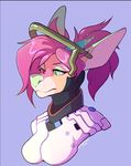  2016 ac anthro armor aycee chimera clothed clothing female green_nose hair headshot_portrait heterochromia hybrid mercy_(overwatch) overwatch pink_hair portrait simple_background solo video_games 