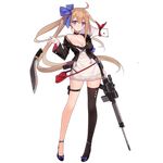  battle_rifle black_legwear blonde_hair blue_eyes bow breasts choker cleavage dress fal_(girls_frontline) fn_fal full_body girls_frontline gun hair_bow jacket knife kukri large_breasts long_hair long_sleeves looking_at_viewer off_shoulder official_art open_mouth ribbon rifle side_ponytail single_thighhigh solo standing suisai thigh_strap thighhighs transparent_background very_long_hair weapon 