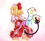  blonde_hair blush bow crystal flandre_scarlet frilled_skirt frills from_behind hat hat_ribbon koto_inari laevatein laevatein_(tail) long_hair looking_back mob_cap pink_bow red_eyes red_ribbon red_skirt ribbon side_ponytail sideways_mouth skirt skirt_set solo tail touhou white_hat wings 