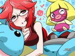  1girl ass bare_arms bare_shoulders blush breasts cleavage elite_four glasses hug kanna_(pokemon) large_breasts long_hair pokemon pokemon_(game) pokemon_frlg ponytail red_eyes red_hair sleeveless smoochum tagme 