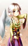  alternate_costume angel_wings artist_name blurry blurry_background braid brown_eyes brown_hair chinese_clothes flat_chest french_braid gradient_hair grey_wings hanfu highres jewelry kishin_sagume long_sleeves multicolored_hair necklace obi patterned_background red_pupils reflective_eyes ribbon sash shiny shiny_hair short_hair silver_hair single_wing smile solo touhou welt_(kinsei_koutenkyoku) wide_sleeves wings 
