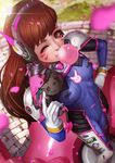  ;) animal_print bangs bodysuit breasts brick_wall brown_eyes brown_hair bubble_blowing bunny_print cherry_blossoms chewing_gum d.va_(overwatch) day facepaint facial_mark foreshortening gloves hand_on_hip headphones highres holding holding_weapon long_hair looking_at_viewer magion02 medium_breasts non-web_source nose one_eye_closed outdoors overwatch paid_reward patreon_reward pilot_suit ribbed_bodysuit signature skin_tight smile solo standing weapon whisker_markings white_gloves 