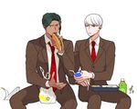  bad_id bad_pixiv_id bag blazer blue_eyes chopsticks container danganronpa danganronpa_3 eating green_hair hair_intakes himduldago invisible_chair jacket juice_box kibougamine_gakuen_school_uniform male_focus multiple_boys munakata_kyousuke necktie obentou open_clothes open_jacket pink_eyes red_neckwear sakakura_juuzou school_uniform shopping_bag signature silver_hair simple_background sitting white_background yakisobapan younger 