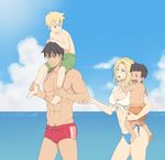  3boys abs beach bikini black_hair blonde_hair blue_sky brothers carl_lotus_(sneedham) carrying cloud collarbone commentary covered_nipples daniel_lotus_(sneedham) day family father_and_son highres husband_and_wife long_hair male_swimwear mother_and_son multiple_boys navel ocean original outdoors sarah_lotus_(sneedham) shirtless short_hair shoulder_carry siblings sky sneedham swim_trunks swimsuit swimwear titus_lotus_(sneedham) toned toned_male water 