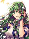 autumn_leaves bare_shoulders blush breasts detached_sleeves frog_hair_ornament green_eyes green_hair hair_ornament hair_tubes hair_tucking japanese_clothes kochiya_sanae large_breasts long_hair looking_at_viewer miko parted_lips sidelocks smile snake_hair_ornament solo touhou upper_body wide_sleeves yuli_(yulipo) 