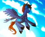  blue_feathers blue_fur brown_eyes brown_hair cutie_mark day equine fan_character feathered_wings feathers feral fur hair ka-samy male mammal my_little_pony nude outside pegasus sky smile solo underhoof wings 