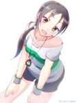  black_hair brown_eyes collarbone eyebrows eyebrows_visible_through_hair hair_ornament hair_over_one_eye hands_on_lap idolmaster idolmaster_cinderella_girls leaning_forward long_hair ookami_maito open_mouth ponytail rookie_trainer shorts solo trainer_(idolmaster) wristband 