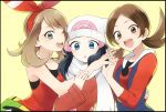  3girls ;d all_fours bangs black_hair bow brown_eyes brown_hair coat collarbone creatures_(company) floating_hair game_freak grey_eyes hair_bow hairband hand_holding hand_on_another&#039;s_hip haruka_(pokemon) hat hikari_(pokemon) interlocked_fingers kotone_(pokemon) long_hair long_sleeves multiple_girls nintendo no_hands one_eye_closed open_mouth parted_bangs poke_ball_print pokemon print_hat red_bow red_coat red_hairband red_shirt scarf shirt sleeveless sleeveless_shirt smile twintails upper_body white_hat white_scarf winter_clothes winter_coat yellow_background yukin_(es) 