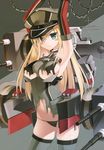  armpits arms_up bismarck_(kantai_collection) black_panties blonde_hair blue_eyes blush breasts chain cowboy_shot grey_legwear hat highres kantai_collection large_breasts long_hair looking_at_viewer machinery navel oota_yuuichi panties peaked_cap restrained scan solo thighhighs torn_clothes underwear 