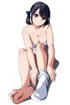  bangs barefoot black_eyes black_hair blush breasts cleavage feet full_body highres large_breasts light_smile looking_at_viewer matsunaga_kouyou original pov_feet short_hair short_twintails simple_background sock_pull soles solo swept_bangs toes twintails white_background 