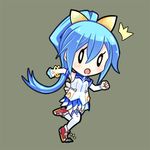  0_0 1girl blue_hair bow bracelet chaoschao chibi choujigen_taisen_neptune_vs_sega_hard_girls hair_bow hair_ornament hair_ribbon jewelry long_hair neptune_(series) open_mouth ponytail ribbon rock running sega_hatsumi simple_background solo tripping 