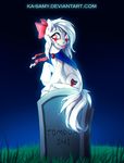  bow cape clothing cutie_mark equine eyelashes fan_character female feral fur hair ka-samy mammal my_little_pony red_eyes sitting solo tombstone tongue white_fur white_hair 