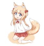  :d animal_ears araki495 blonde_hair blue_eyes commentary fangs fox_ears fox_tail hair_ribbon kemonomimi_mode kneehighs long_hair long_sleeves no_shoes open_mouth red_ribbon red_skirt ribbon skirt smile solo tail toshinou_kyouko white_legwear younger yuru_yuri 