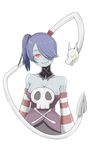  1girl bare_shoulders blue_skin breasts cleavage detached_collar detached_sleeves hair_over_one_eye leviathan_(skullgirls) looking_at_viewer purple_hair red_eyes short_hair side_ponytail skullgirls solo squigly_(skullgirls) stitched_mouth stitches striped_sleeves zombie 