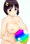  black_hair blush breast_rest breasts glasses hair_ornament hairclip highres large_breasts looking_at_viewer nipples orb original purple_eyes short_hair smile solo tomatto_(@ma!) 