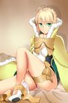 ahoge artoria_pendragon_(all) artoria_pendragon_(swimsuit_archer) bow breasts cape cleavage fate/grand_order fate/stay_night fate_(series) fur-trimmed_cape fur_trim green_eyes high_heels highres love-saber medium_breasts smile solo swimsuit thighs 