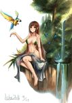  1girl absurdres bird blue_eyes breasts brown_hair butterfly collarbone curvy elf female large_breasts leaf long_hair looking_at_viewer lslee nature navel nude original parrot pasties pointy_ears see-through signature simple_background sitting solo towel very_long_hair water waterfall white_background wide_hips wood 