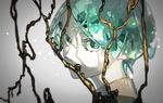  androgynous aqua_hair bangs blurry colored_eyelashes covered_mouth crystal depth_of_field face gold golden_arms grey_background houseki_no_kuni light_particles looking_at_viewer phosphophyllite shade short_hair solo toooka 
