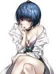  absurdres blue_hair bra breasts brown_eyes chin_rest choker closed_mouth collarbone commentary_request crossed_legs highres hizuki_akira jewelry labcoat looking_at_viewer nail_polish necklace off_shoulder pale_skin persona persona_5 purple_bra red_nails short_hair sitting small_breasts smile solo takemi_tae underwear upper_body white_background white_coat 