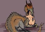  ambiguous_gender brown_scales butt claws dragon eggplantina eyes_closed female feral horn hug human lying mammal nude scales simple_background size_difference spiked_tail 