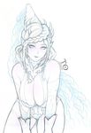 antiheld artist_name breasts cleavage final_fantasy final_fantasy_xv highres large_breasts leaning_forward lineart looking_at_viewer monochrome pointy_ears shiva_(final_fantasy) sketch smile solo 