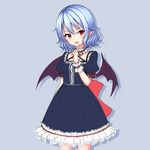  absurdres alternate_color bat_wings black_dress blue_background blue_hair cowboy_shot dress fang finger_to_mouth frilled_dress frills highres index_finger_raised junior27016 lolita_fashion neck_ribbon open_mouth pointy_ears puffy_short_sleeves puffy_sleeves red_eyes red_ribbon remilia_scarlet ribbon short_sleeves solo touhou wings wrist_cuffs 