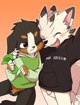  :| anthro avian balls bernese_mountain_dog blush bottomless canine clothed clothing cub cute_fangs dog duo english_text excited finn_ayers flaccid front_view hoodie hybrid male male/male mammal manizu manmosu_marimo money one_eye_closed penis selfie smile text uncut young 